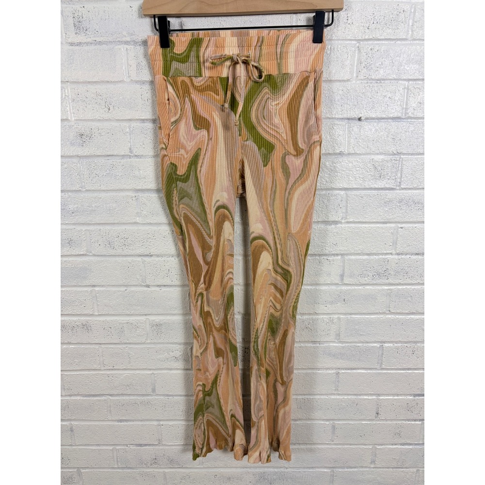 Beach Riot Ribbed Flare Pants Womens M Green Peach Marble Swirl Knit Drawstring